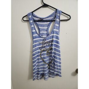 Stranded Womens Blue White‎ Striped Love Heart Graphic Racerback Knit Tank Top M